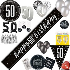 Black 50th & Happy Birthday Decorations Party Bunting Banner Silver Balloons age