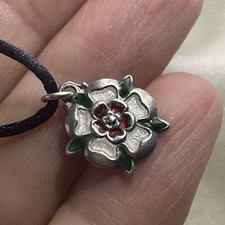 Antique dainty Solid Sterling Silver White Enamel Tudor Rose Pendant  