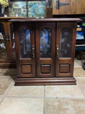 VintageJewelry Armoir Varnished Oak Look With Etched Glass Music Does Not Work