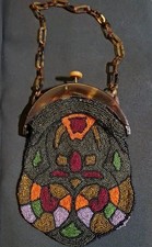 Antique Art Deco Micro  Beads Bag Purse celluloid faux tortoiseshell clasp strap