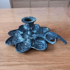 Vintage Dark Grey Cast Iron Floral Pattern Handheld Candle Holder
