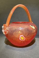 Murano Millefiori Orange Art Glass Basket Hand Blown Vintage