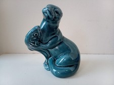 Poole Pottery Blue Glaze Otter With Fish Ornament