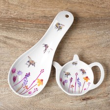 Floral Busy Bees Tea Bag Tidy Holder & Utensil Spoon Rest Set Worktop Protector