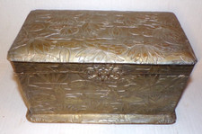 Antique Chinese Lotus Tea Caddy Metal Casket Velvet Lined Waterlily Export Box