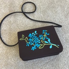 Ladies Jacques Vert Small Black Embroidered Blue Floral Design Shoulder Bag