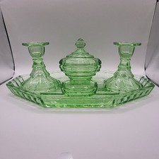 Vintage Art Deco 1930s  5 Piece Green Glass Dressing Table Vanity Set & Tray 