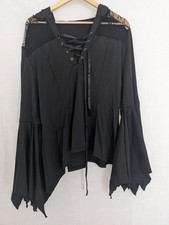 Gothic Hooded Top Size XXL Black Lace Up Ladies Ragged Wide Sleeve Goth Punk Emo