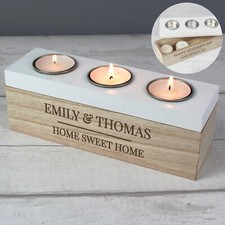 Personalised Triple Tea Light Box Candle Holder Birthday Gift Wooden New Home
