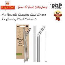 4 x METAL Stainless STEEL Drinking Straws Eco Friendly SILVER Cleaning Party UK