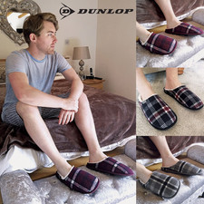 Dunlop - Mens Warm Plush Fleece Lined Slip On Mule Checked Plaid House Slippers