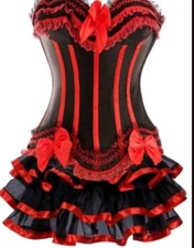 Black and Red Corset Top with Ribbon Burlesque Skirt