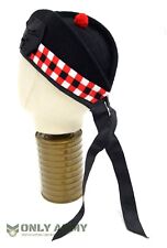 SCOTTISH MILITARY PIPER HAT BLACK GLENGARRY TRIPLE DICED TARTAN BONNET BERET CAP