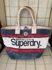 Superdry Large Canvass Beach Bag Cream/Red/Blue Toggle Fastening