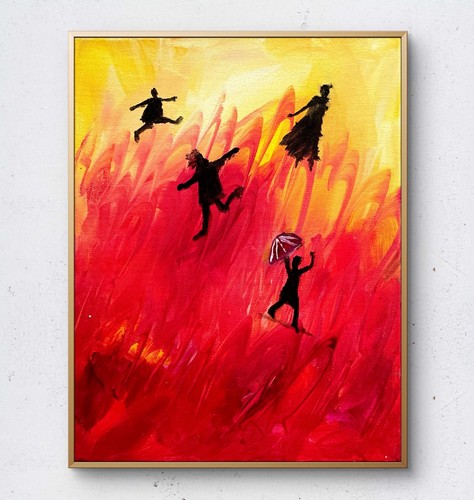Leaping figures red sky - leaping,