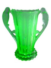 Large Scarce Art Deco Uranium Glass Bird Handled Vase