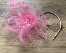 BNWOT Polka Dot Rose Swirl Organza Faux Feather Fascinator with Clip/Band • Pink