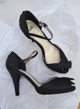 Wallis Size 7 UK 1940's Style Black Satin Peep Toe Sandals Heels Strappy Unworn 