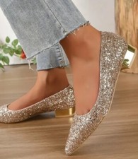 Elegant Pumps Glitter Sequin Pointed Toe Kitten Heels Wedding Shoes Size 6 UK 