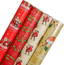 4 x 7M CHRISTMAS WRAPPING PAPER ROLLS Traditional  Gift Present Santa,Robin