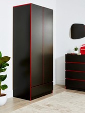 Fenner 2 Door Wardrobe Grey Red 1 Drawer Hanging Rail Bedroom Storage UK