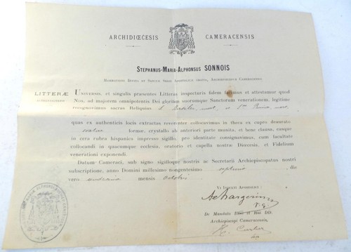 Latin reliquary certificate - reliquary, of