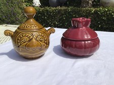 Vintage Brown Glazed Lidded Onion Jar P & K, and Bergundy Lidded Pickle Jar