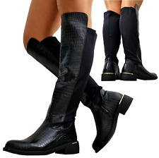 Womens Low Block Heel Zip Up Riding Long Knee High Boots Shoes Stretch Panel 3-8