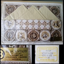 Irish Linen 100% Pure Vtg Table Placemats & Napkin Set Retro Design Delft Style