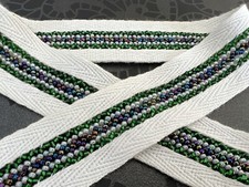 Vintage Beaded Double Sided Braid Trim Herringbone Tape White Green Peacock Blue