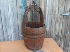 Large Antique English Banded Wooden Well Bucket Primitive Iron Work 23" Tall
