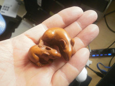 2b. Hand Carved wood netsuke Mouse lays with baby repaired boxwood figure