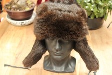VINTAGE DARK BROWN REAL FUR TRAPPER BOMBER HAT SIZE S