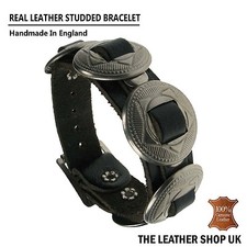 New Adjustable Handmade Concho Design Leather Bracelet Wristband Made In UK