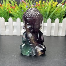 0.8LB 3.9" Natural Rainbow Fluorite Baby Buddha Carving Crystal Figurine Gift