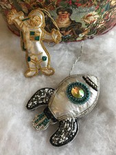 2 JOHN LEWIS BEAUTIFUL HANDCRAFTED BEAD ASTRONAUT & ROCKET CHRISTMAS DECORATIONS