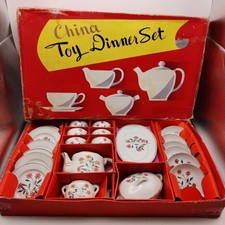 Vintage Childs Toy Tea Dinner Play Set 6 Cups Saucers Plates Teapot Jar Boxed