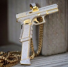 3.63 ct Moissanite Men's Pistol Hand Gun Pendant 14k Yellow Gold Plated Silver