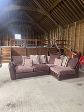 L-Shaped Settee. Made By EVANS of High Wycombe. Chenille Brown, Beige And Grey. 