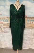 Evening Dress 18 Green Sequin QUIZ Ballgown Wrap Style Long Sleeve Stretch Prom