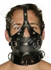 Leather Face Muzzle Bondage Mask Head Harness Blindfold Hood With Removable Gag