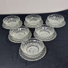 6x Dessert Fruit Bowl & Saucer Glass With Scalloped Edge & Frosted Fruit Design