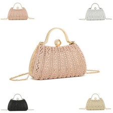 Ladies Diamante Clutch Bag Pearl Beaded Evening Bridal Wedding Women's Handbag