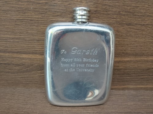 Pewter hip flask - hip, inscribed
