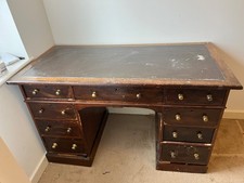 Antique Victorian Pine Kneehole Nine Drawer Pedestal Desk With Leather Top 