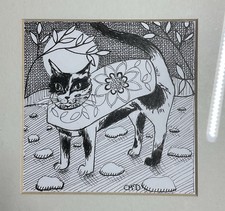 Cat Art Drawing Ink Paper Framed Original Contemporary Artwork Cat Lovers