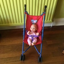 NON FOLDING TOY BUGGY/PRAM/STROLLER RED & NAVY, PEPPA  PIG PICTURE &12” DOLL VGC