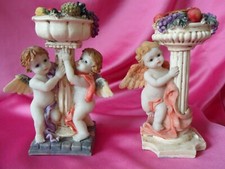 Vintage Cherubs / Angels with Fruit Detailed Roman Pillars 2x Candle Holders