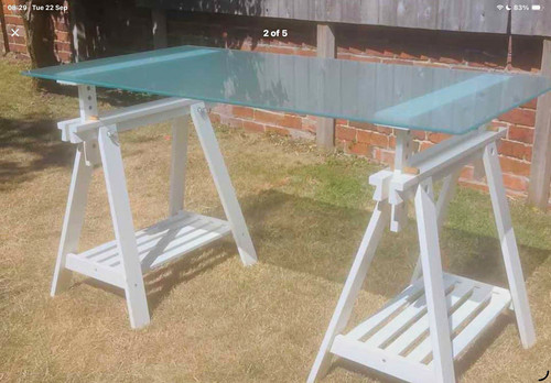 Glass top trestle - , table