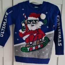 Blue Childrens 5-6 Years Tesco F&F Christmas Santa Snow Jumper - Good Condition